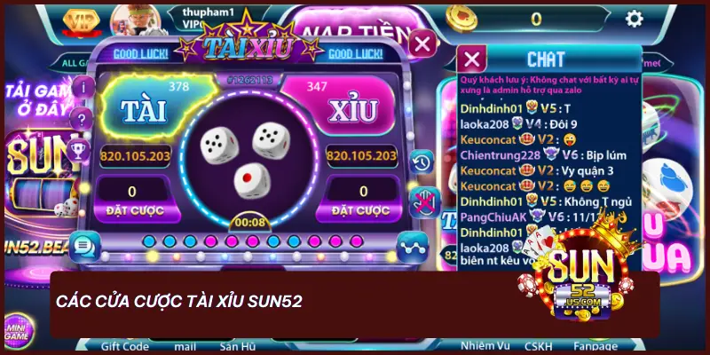 Các cửa cược tài xỉu SUN52
